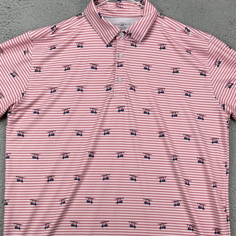 Bald Head Blues Polo Shirt Mens Large Pink White Striped Allover Golf Cart Rugby